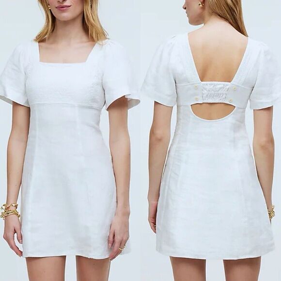 MADEWELL Linen Mini Dress Women 6 White Square Neck Cutout NP764 - Picture 1 of 14
